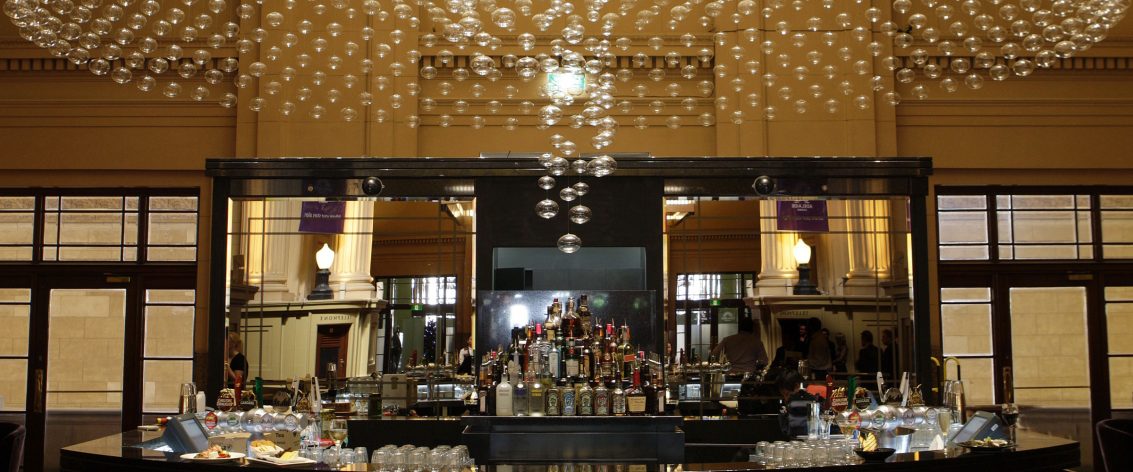 An empty, fully stocked bar inside the Adelaide Casino