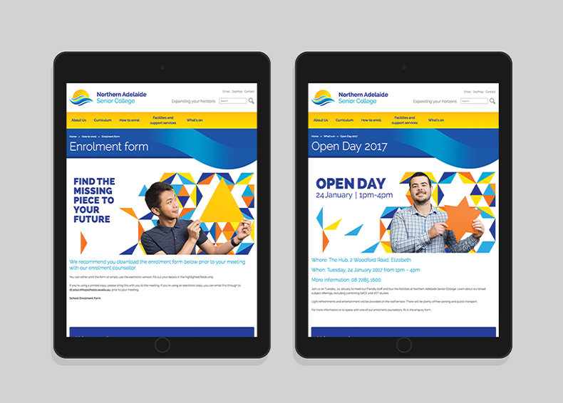 Northern Adelaide Senior College Website shown in two iPad screens designed by communikate