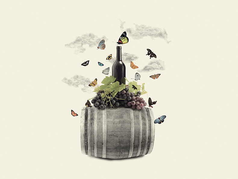 A bottle of wine and bunch of grapes sitting on top of a wine barrel, with many butterflies flying around