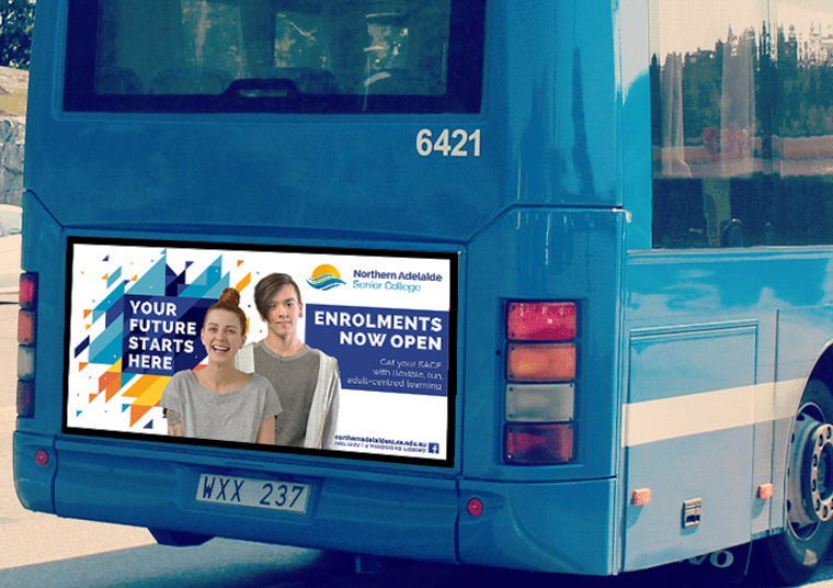 Northern Adelaide Senior College enrolment advertisement on the back of a blue bus designed by communikate