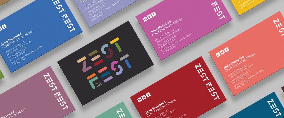 Zest Fest business cards designed by communikate et al